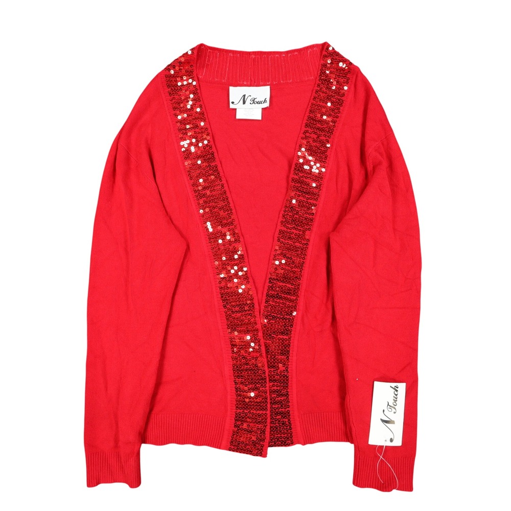 N Touch Cardigan Womens Small Red Sequin Trim Open Front Holiday Sweater NEW